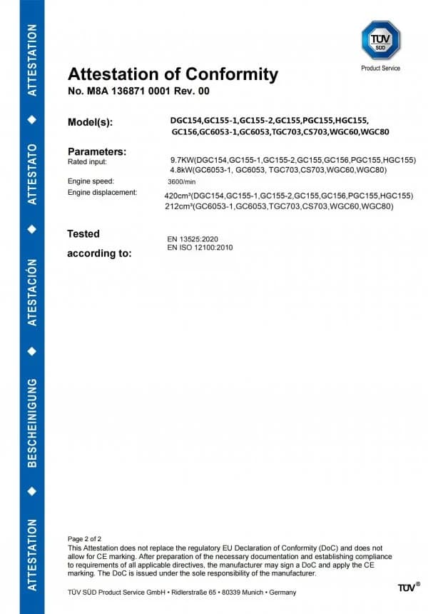 TÜV SÜD Uygunluk Beyanı — Odun Parçalama Serisi